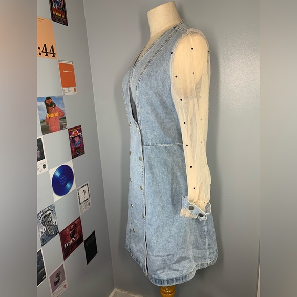 Denim Dress with Mesh See through Sleeves V neck Denim Dress - Picture 12 of 14